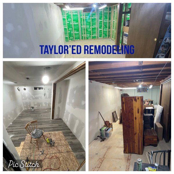 A collage of pictures of a basement being remodeled by taylor ed remodeling