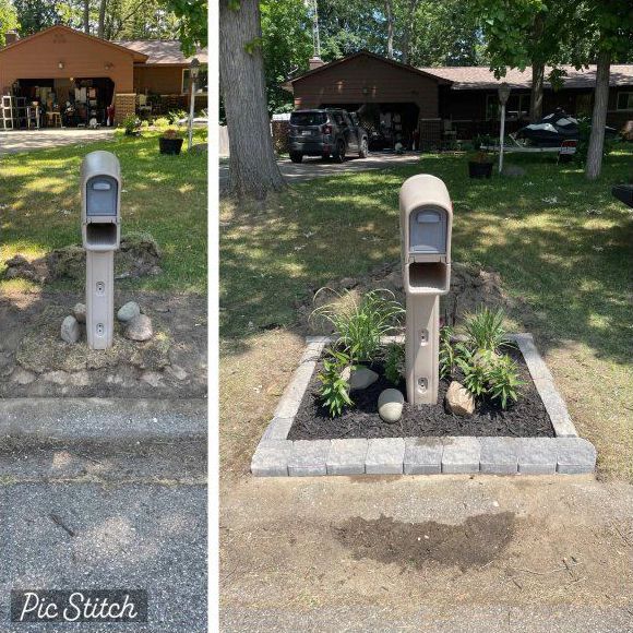 A before and after picture of a mailbox in a yard.