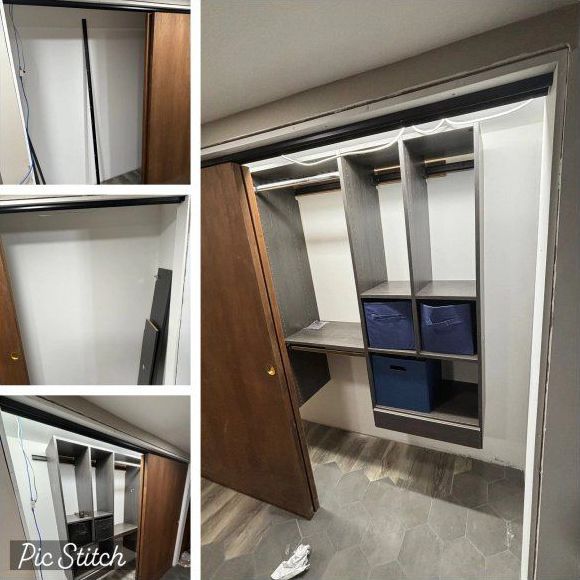 A collage of pictures of a walk in closet being built