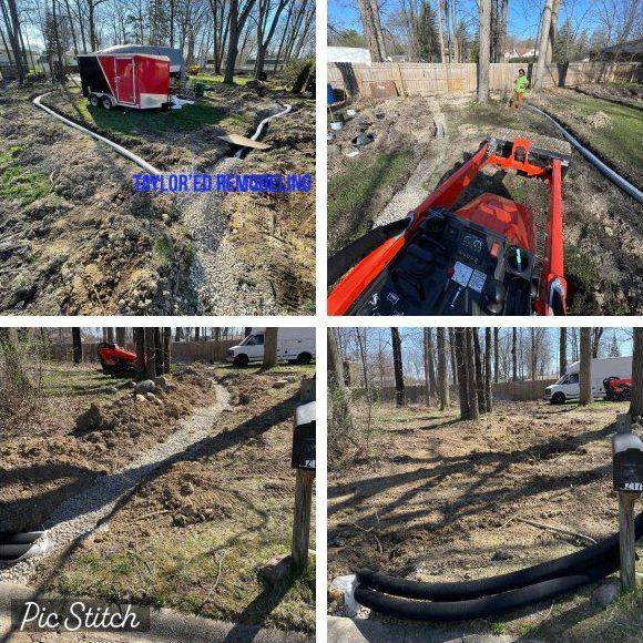 A collage of four pictures of a drainage system being installed
