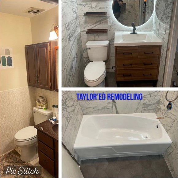 A bathroom with a toilet , sink , and bathtub.