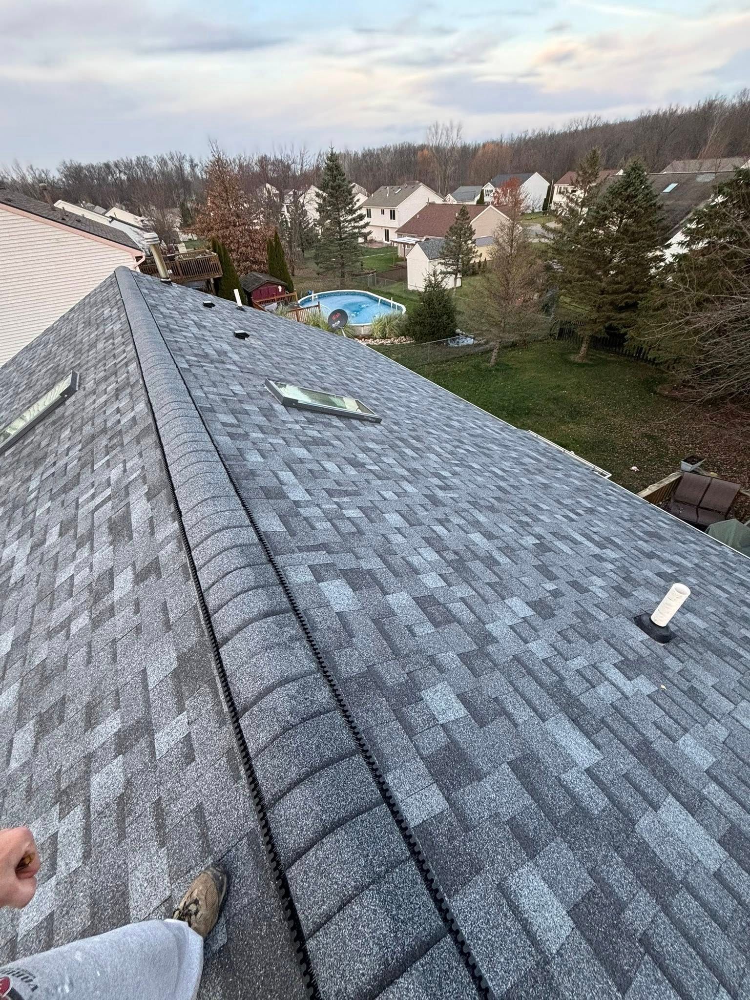 Gray shingle roof, view of a suburban neighborhood and trees under a cloudy sky.