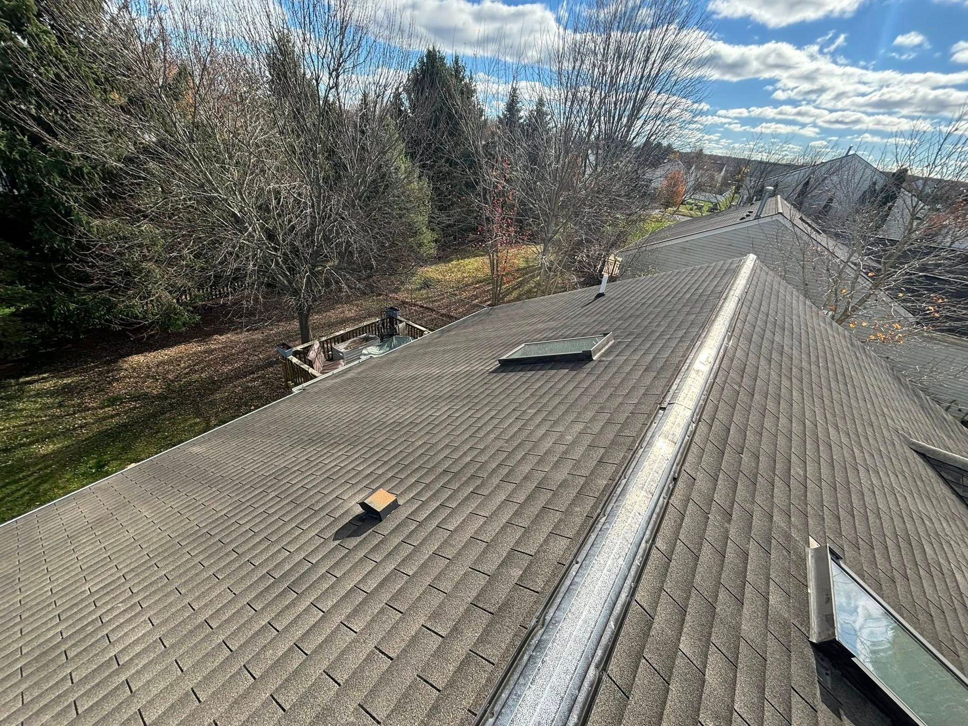 Overhead view of a gray asphalt shingle roof with skylights, surrounded by trees and a cloudy sky.