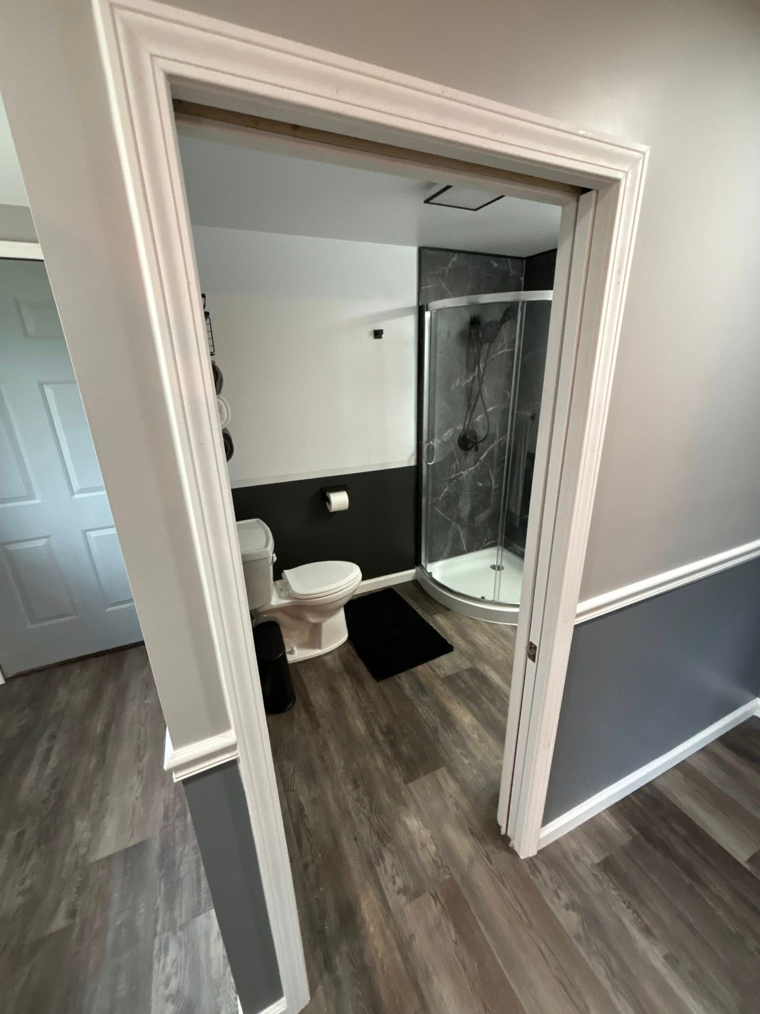 Bathroom doorway with gray walls, white trim, wood-look floor, and a toilet visible.