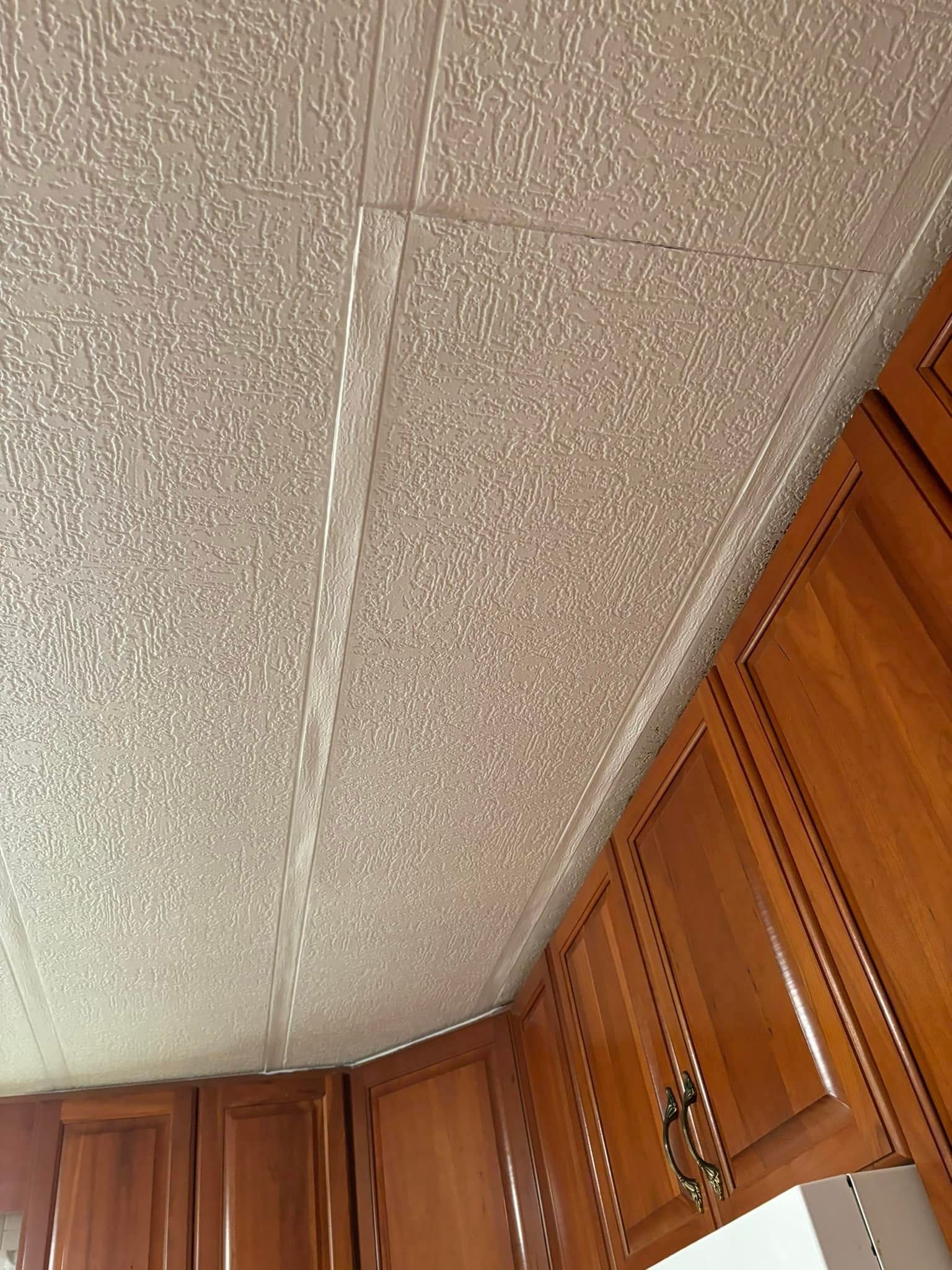 Textured ceiling with tan cabinets below.