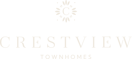 Crestview Townhomes logo with a sunburst-like design around the letter "C" above the words "CRESTVIEW" and "TOWN HOMES".