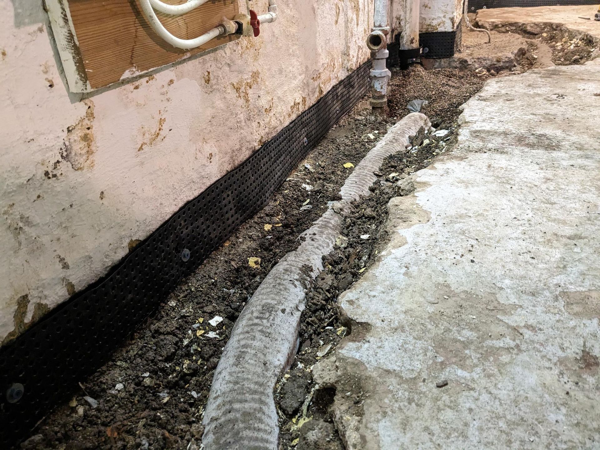 A hose is laying on the ground next to a wall.