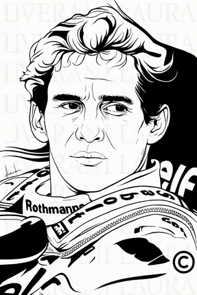 Ayrton Senna in un ritratto in bianco e nero, mentre indossa una tuta da corsa sponsorizzata da Rothmans.
