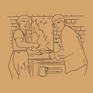 Due persone cucinano sui fornelli in cucina. Il vapore sale da una pentola.