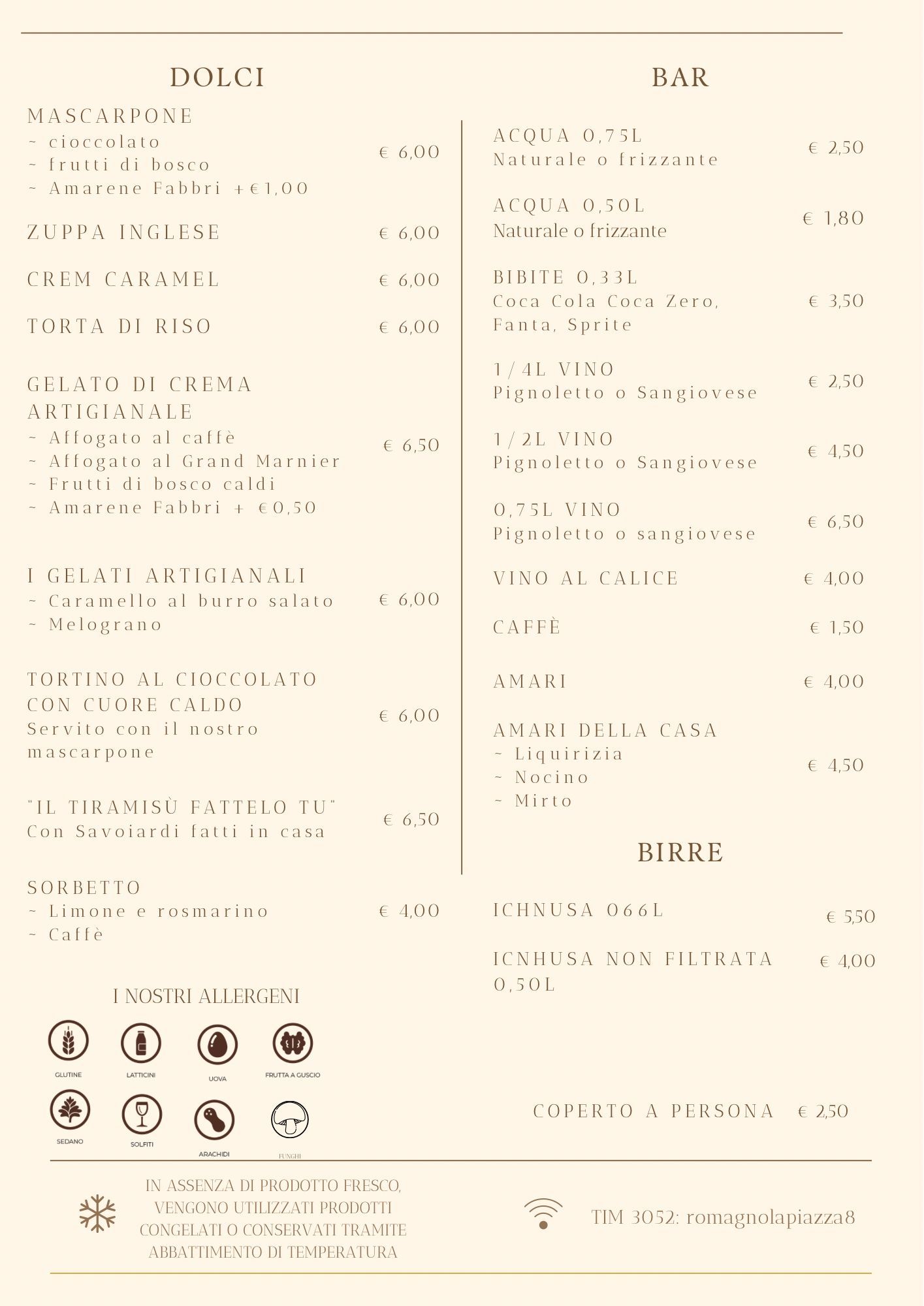 Menù con cibi e bevande.