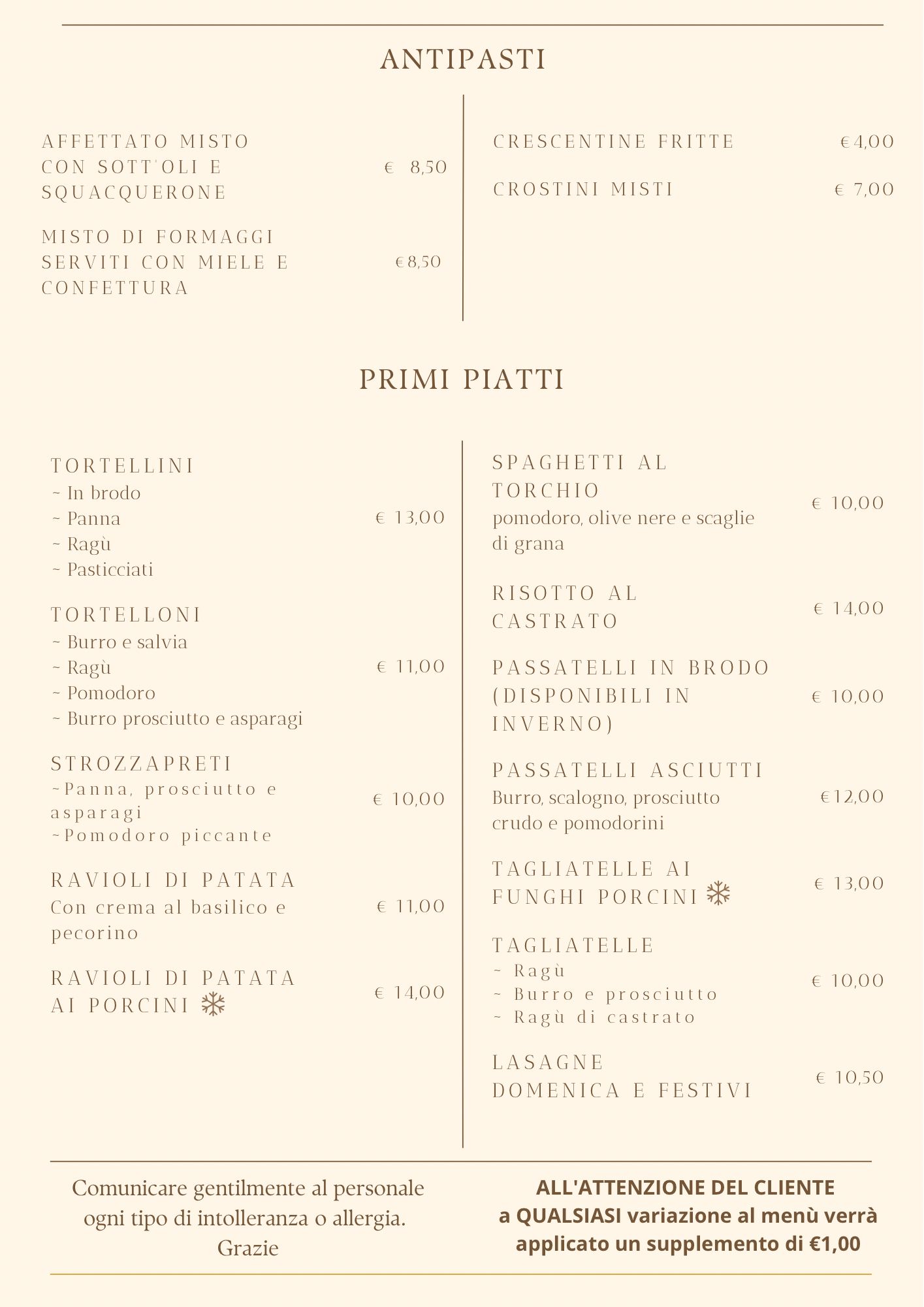 Menù di un ristorante italiano su sfondo marrone chiaro, con antipasti e primi piatti, con relativi prezzi.