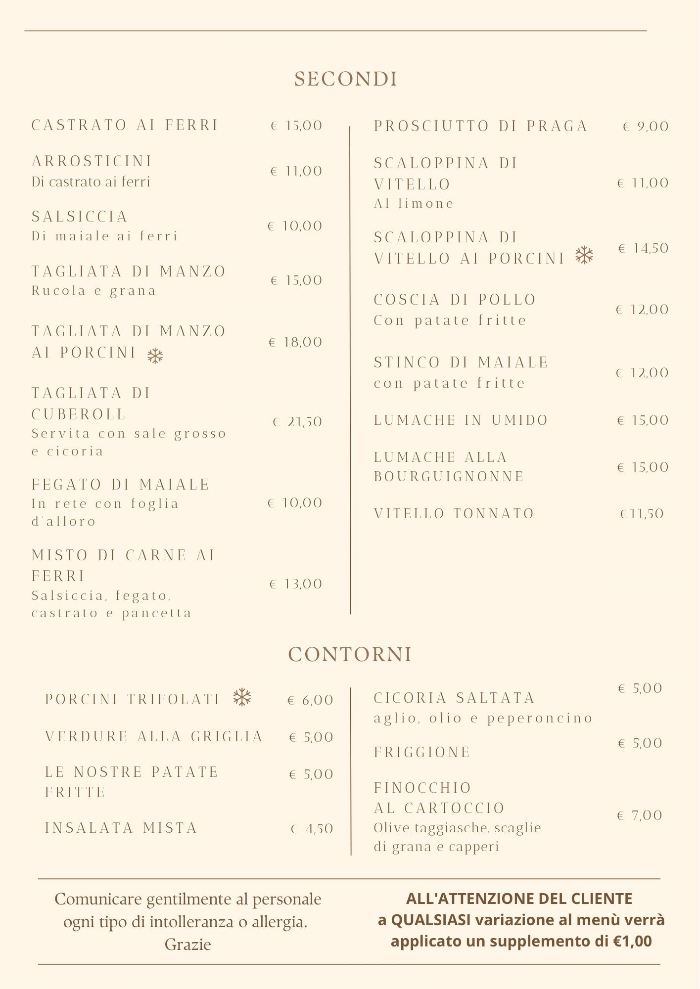 Menù con vari piatti italiani e relativi prezzi, presentati su uno sfondo color crema.