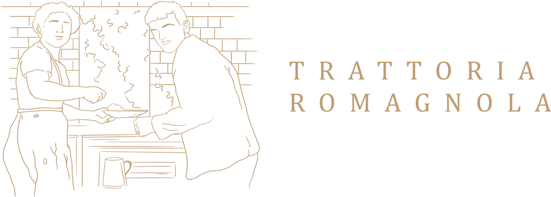 Due persone, probabilmente chef, lavorano vicino a un focolare in pietra con la scritta