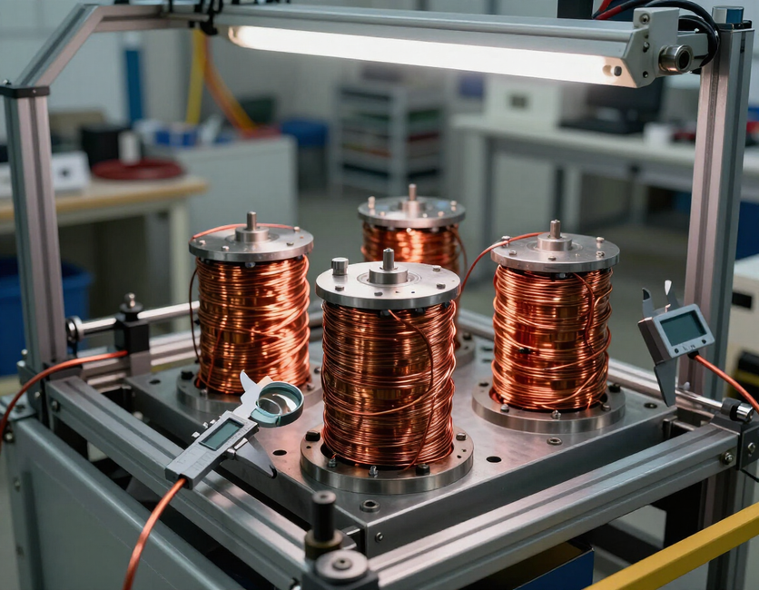 Tre bobine di filo di rame su una piattaforma metallica in un'officina industriale.