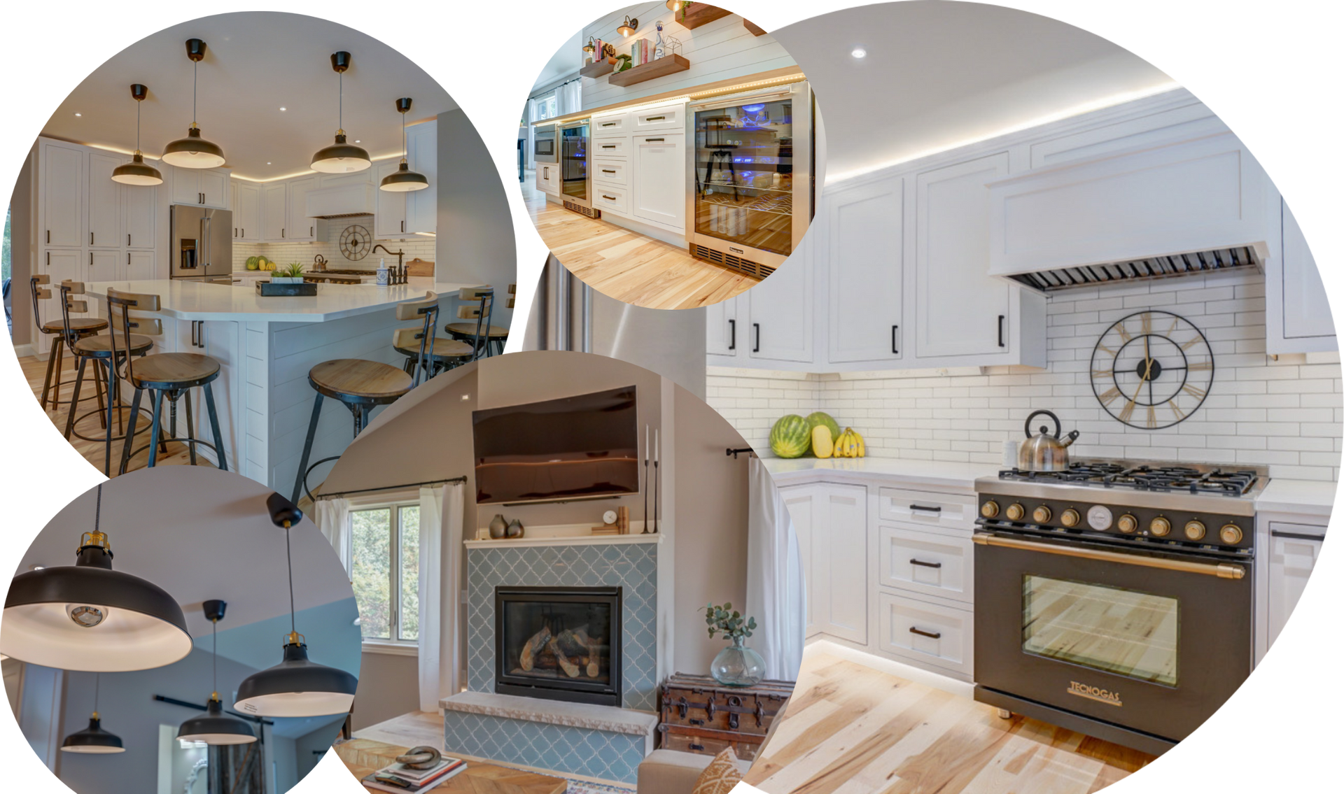 A collage of pictures of a kitchen with black cabinets and stainless steel appliances.
