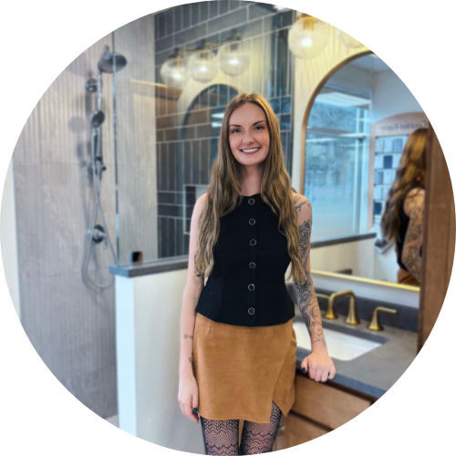 A woman with blue hair is smiling in a circle.