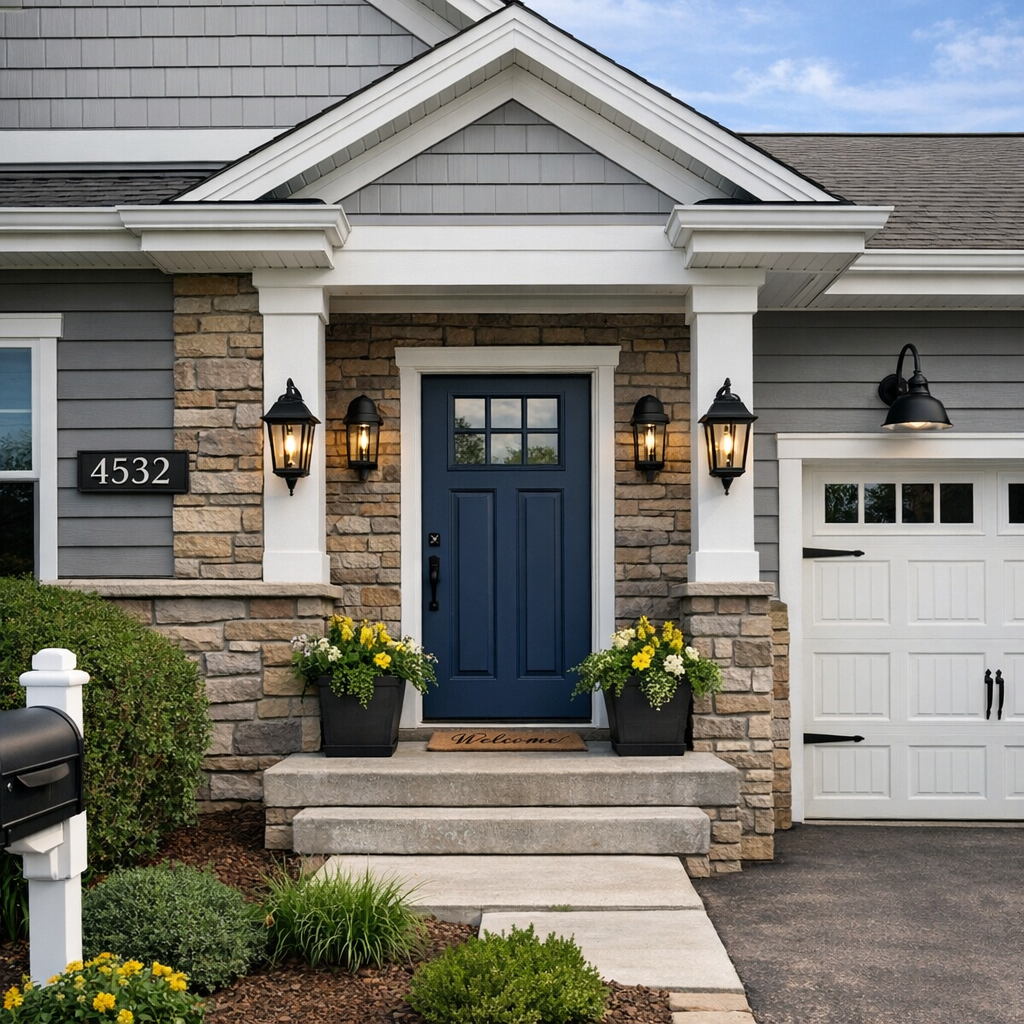 Freshened home exterior with gray siding, stone accents, navy front door, updated lighting, and tidy