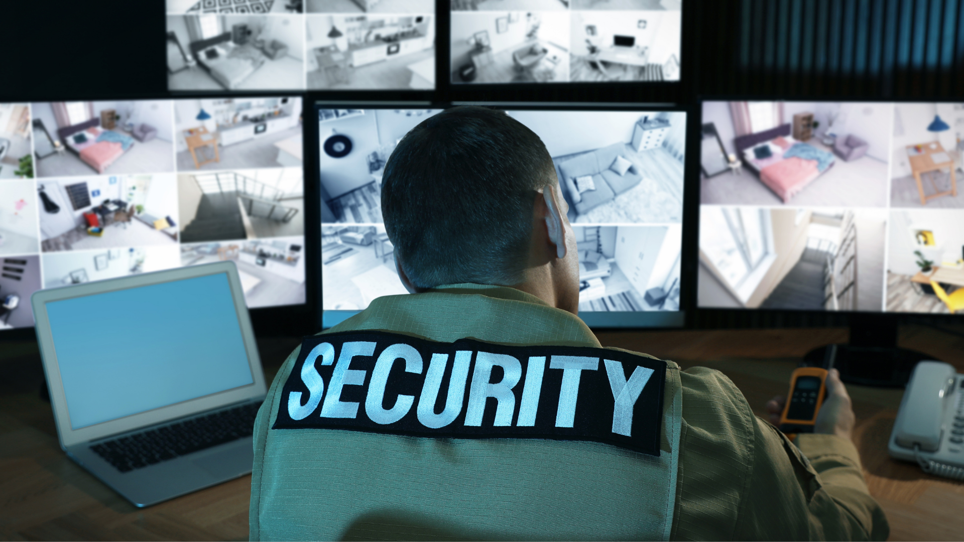 Security guard monitoring multiple surveillance camera feeds in a control room, seen from behind.
