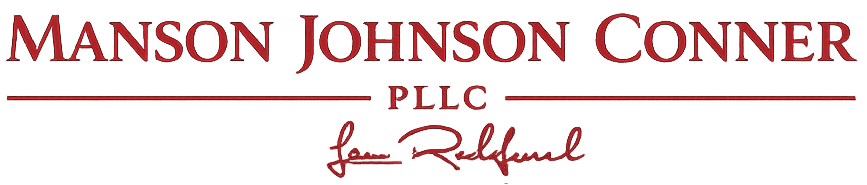 Manson Johnson Conner PLLC logo with red text and signature on a white background