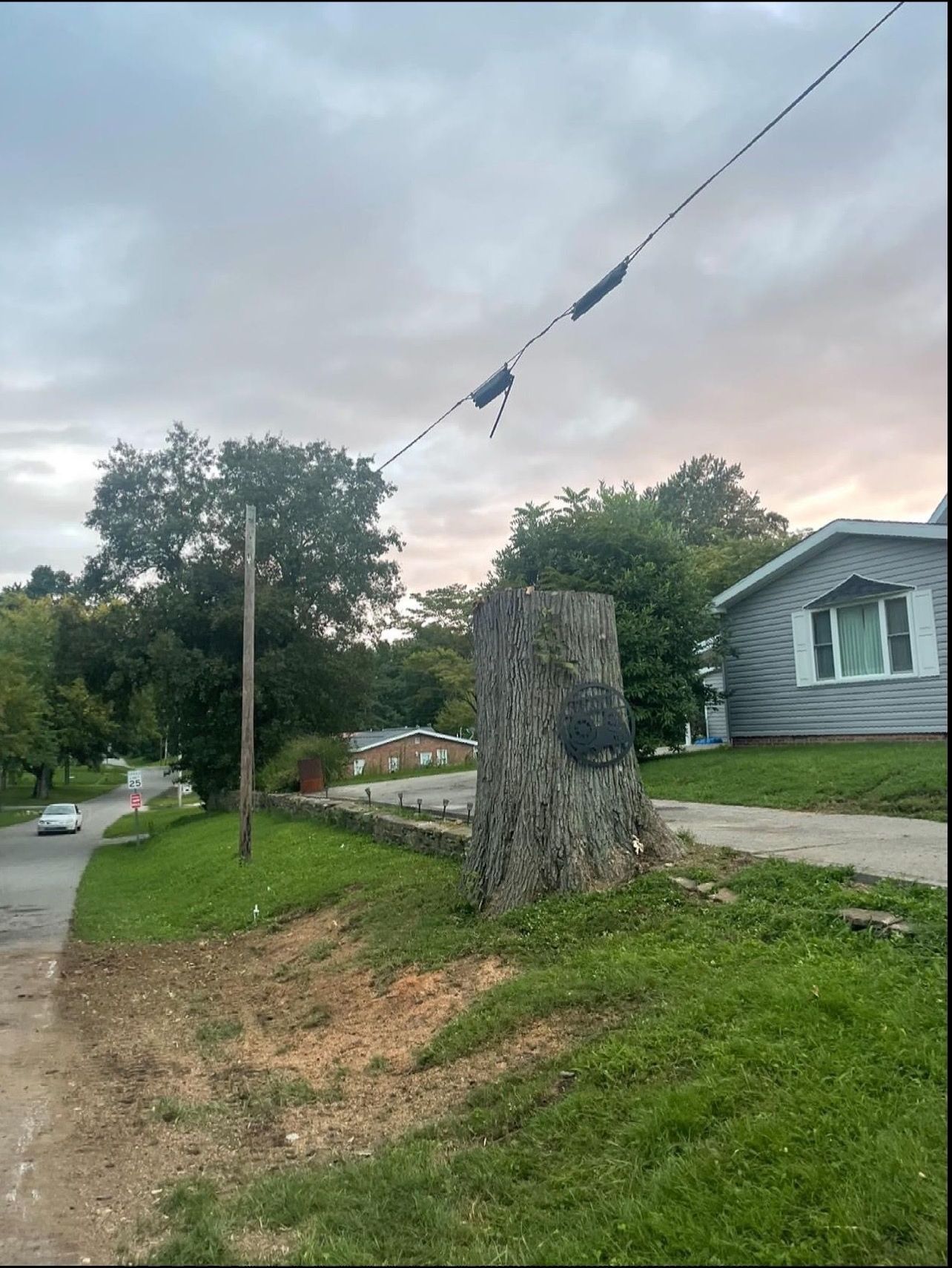 A tree stump is sitting on the side of a road next to a house.