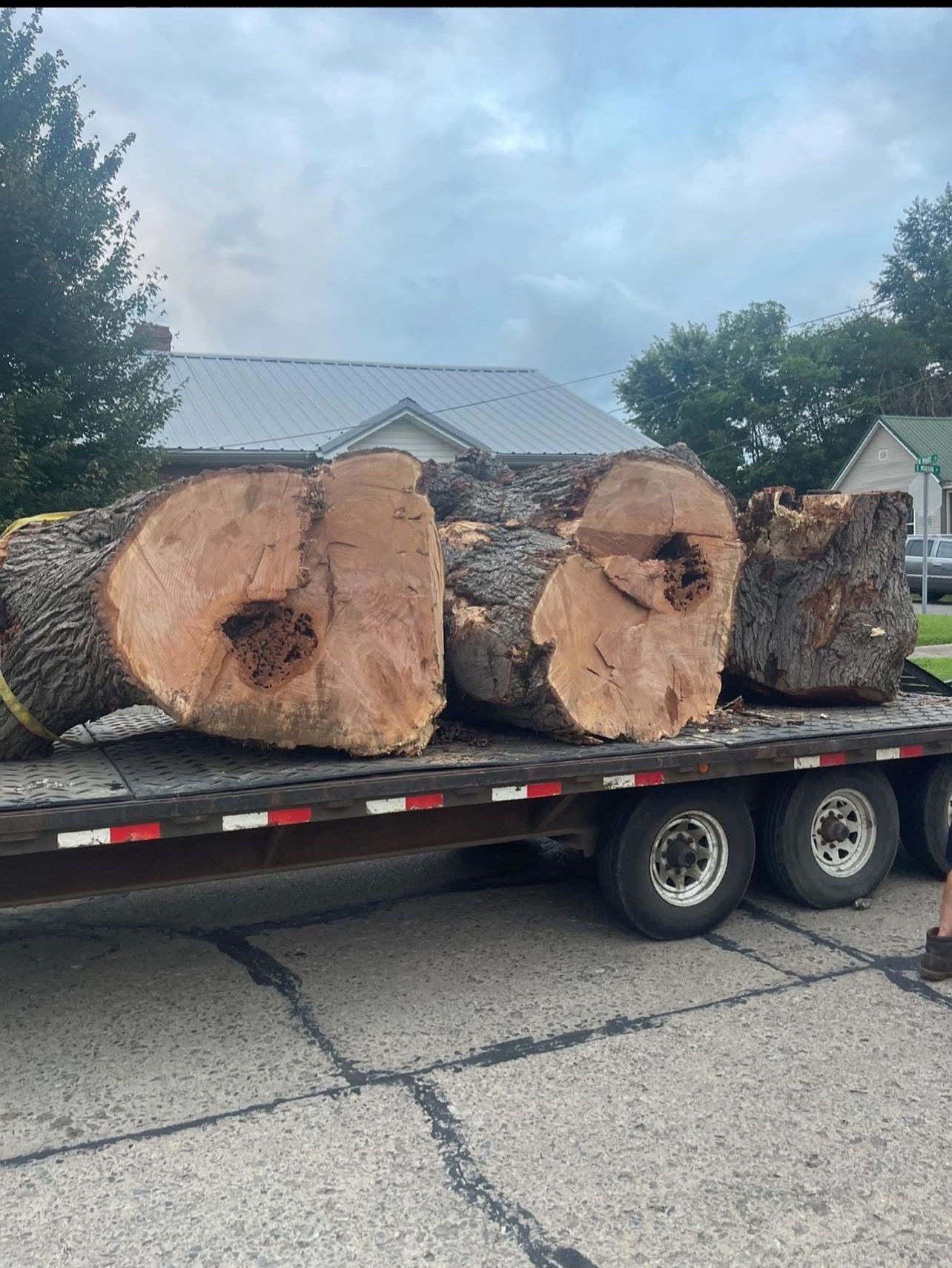 A large log is sitting on top of a trailer.