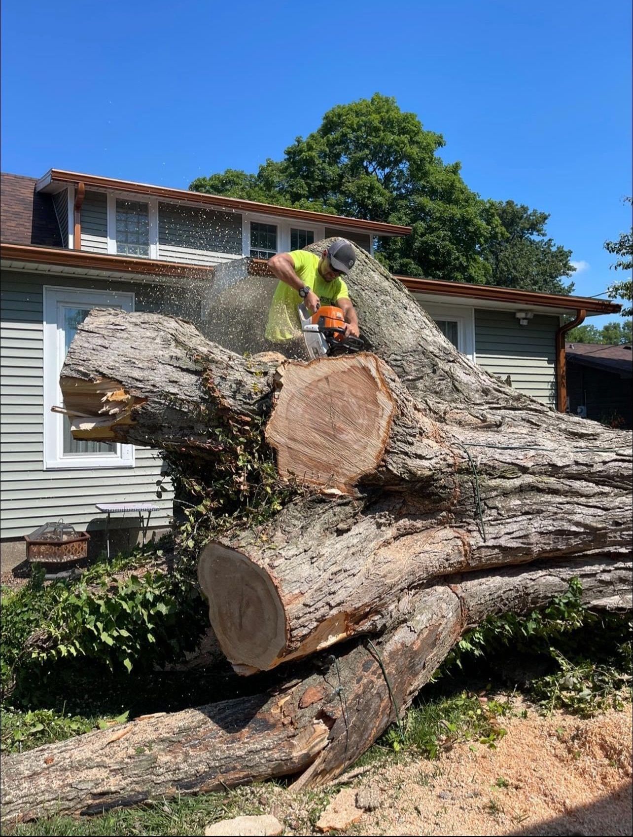 A man is cutting a large log with a chainsaw in front of a house.