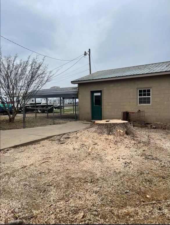 A house with a green door and a stump in front of it.