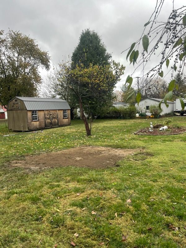 A shed is sitting in the middle of a grassy field next to a tree.