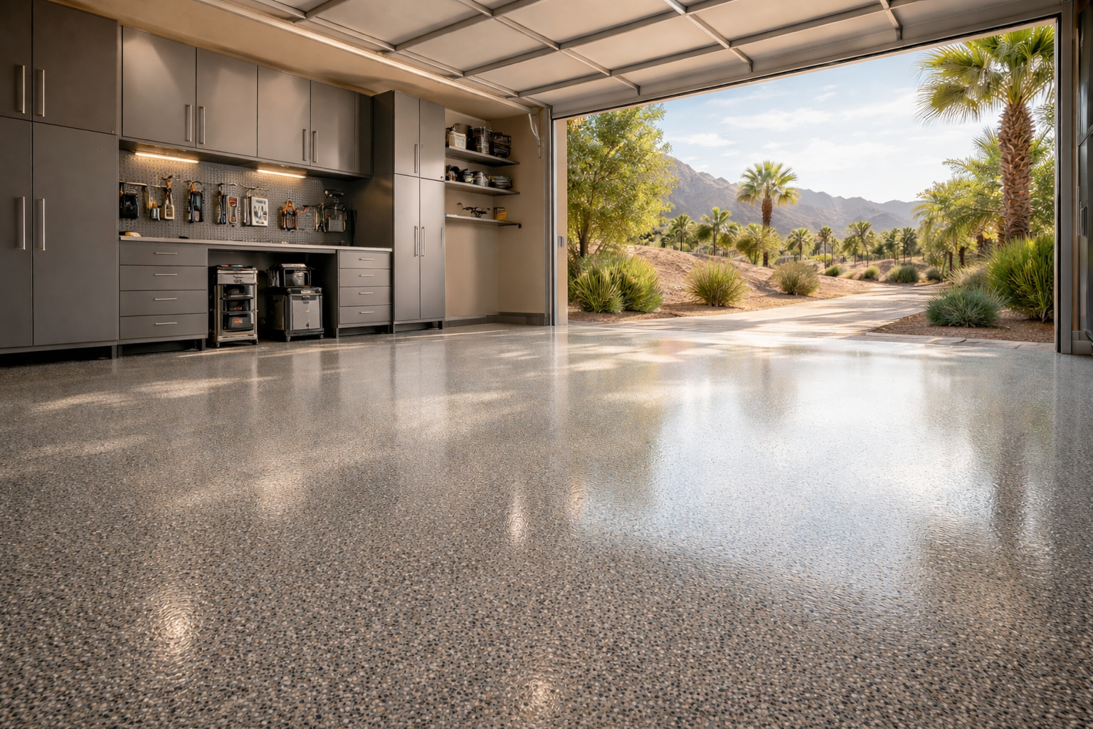 Garage interior with glossy epoxy floor, cabinets, and open door to desert landscape.