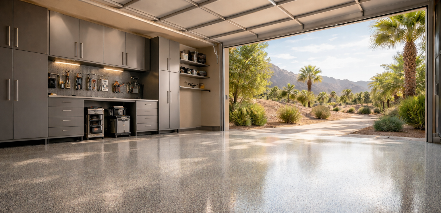 Garage interior with a shiny, speckled floor and open door to desert landscape.
