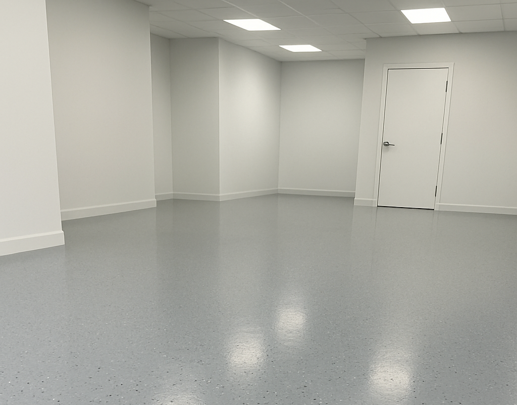 Empty, white-walled room with a shiny gray floor and a white door. Bright overhead lights.