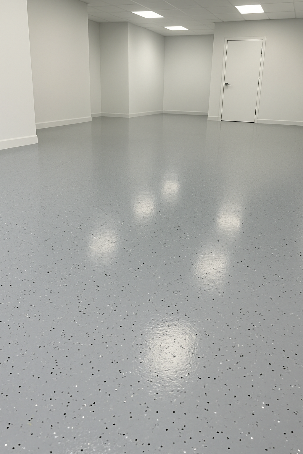 Empty room with gray speckled floor, white walls, and bright overhead lights.