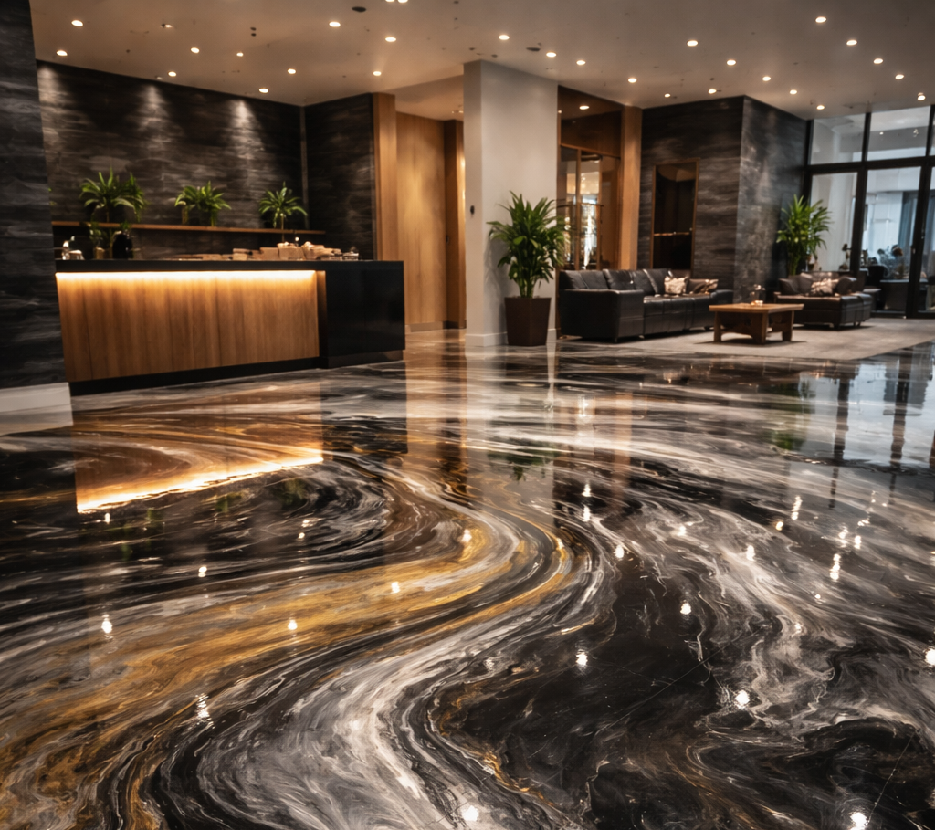 Shiny epoxy floor in lobby with black, gold, and white swirls, reflecting lights and surrounding decor.