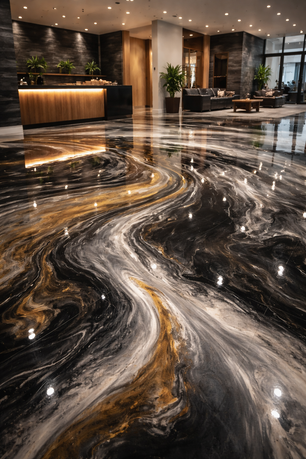 Swirling, glossy epoxy flooring with black, gold, and white hues. Hotel lobby with reception desk and seating area.