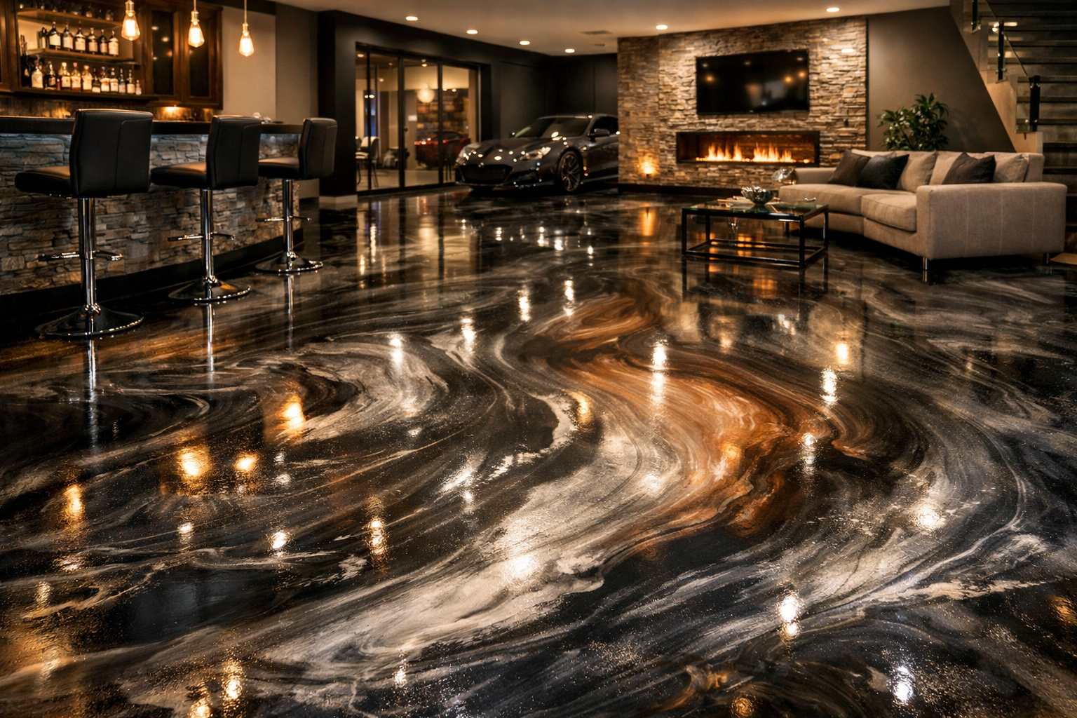 A luxury basement with a polished marble-effect floor, a bar, a fireplace, a sofa, and a car in the background.