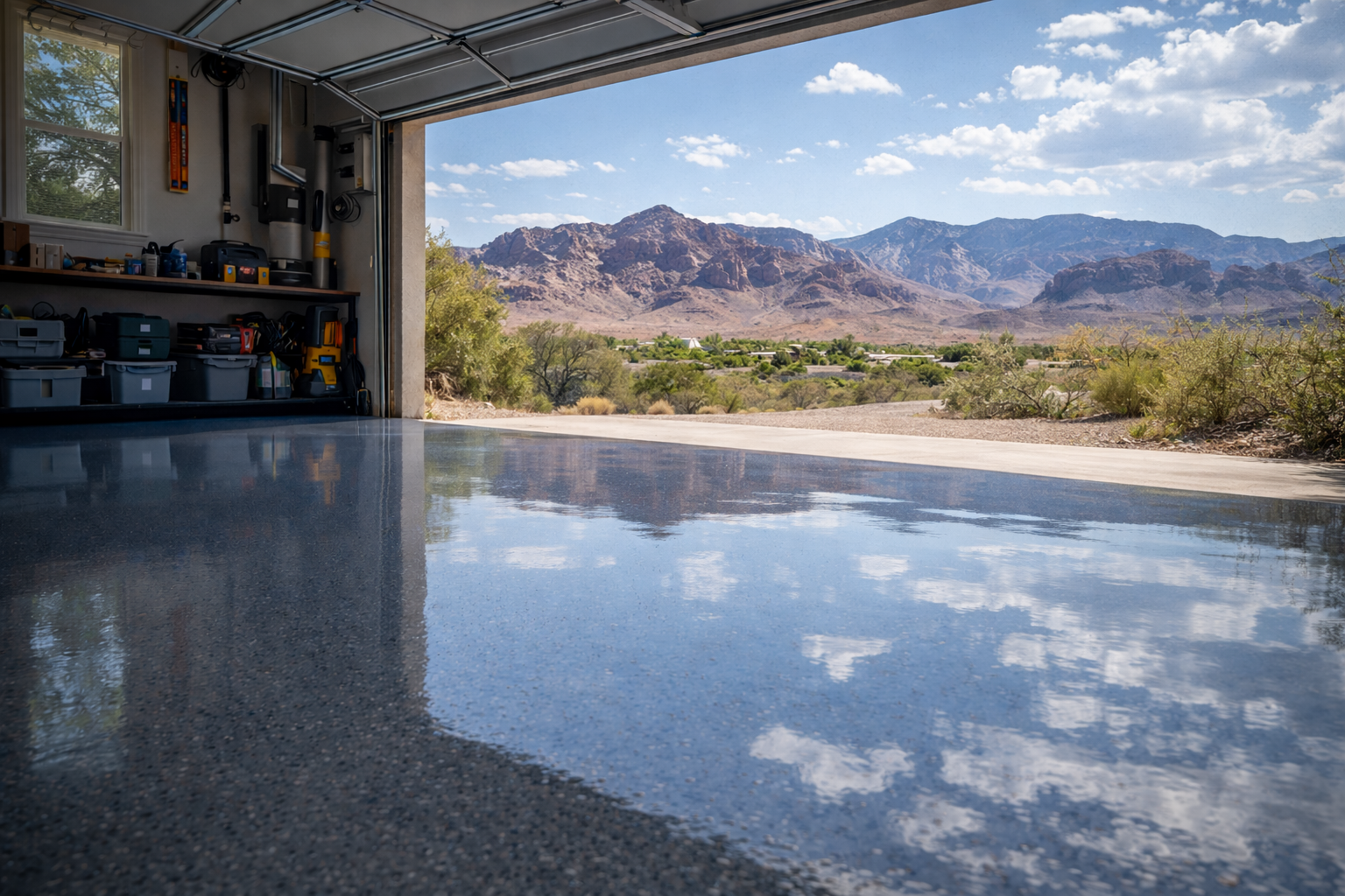 Garage with shiny, reflective epoxy floor open to a view of mountains and sky.