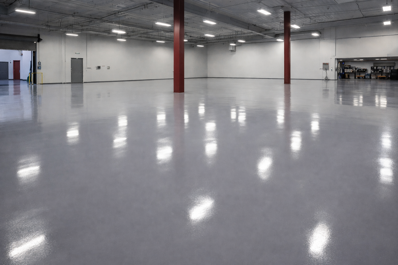 Empty industrial warehouse with a shiny gray epoxy floor.