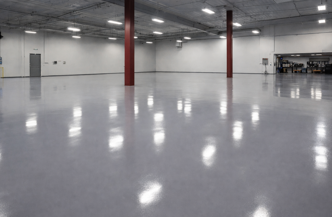 Empty warehouse interior with a reflective, gray epoxy floor.