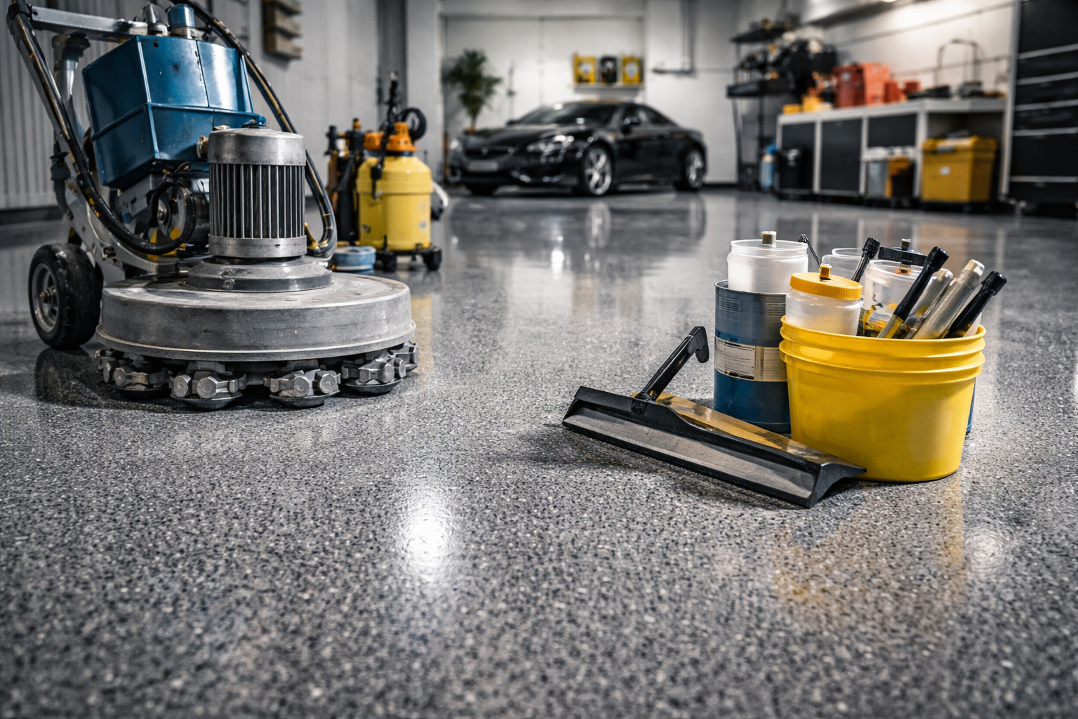 Epoxy garage floor being polished; tools and a black car in background.