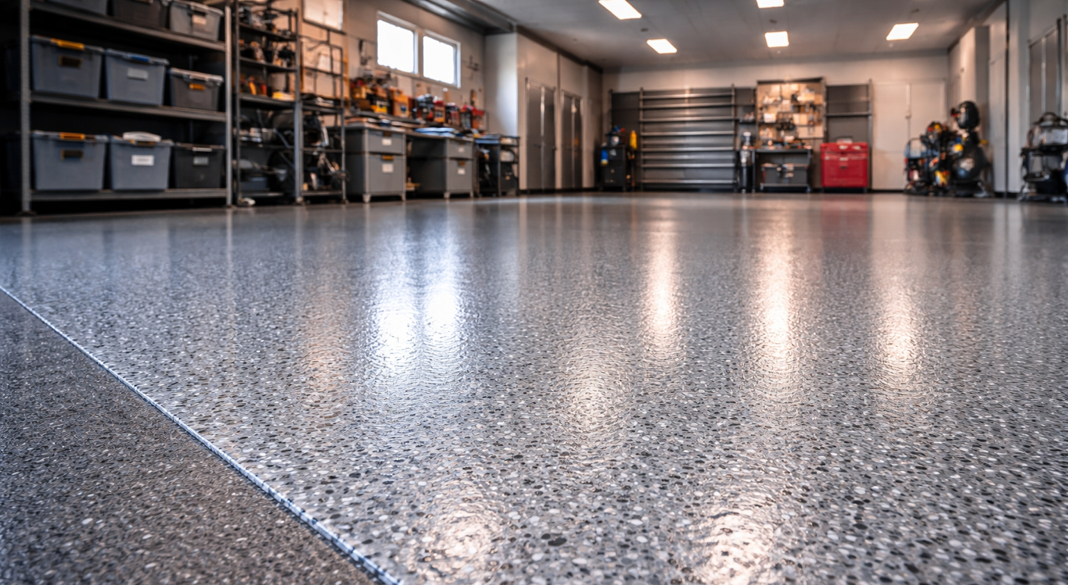 A spacious garage with gray, speckled epoxy flooring, storage racks, and tools organized along the walls.