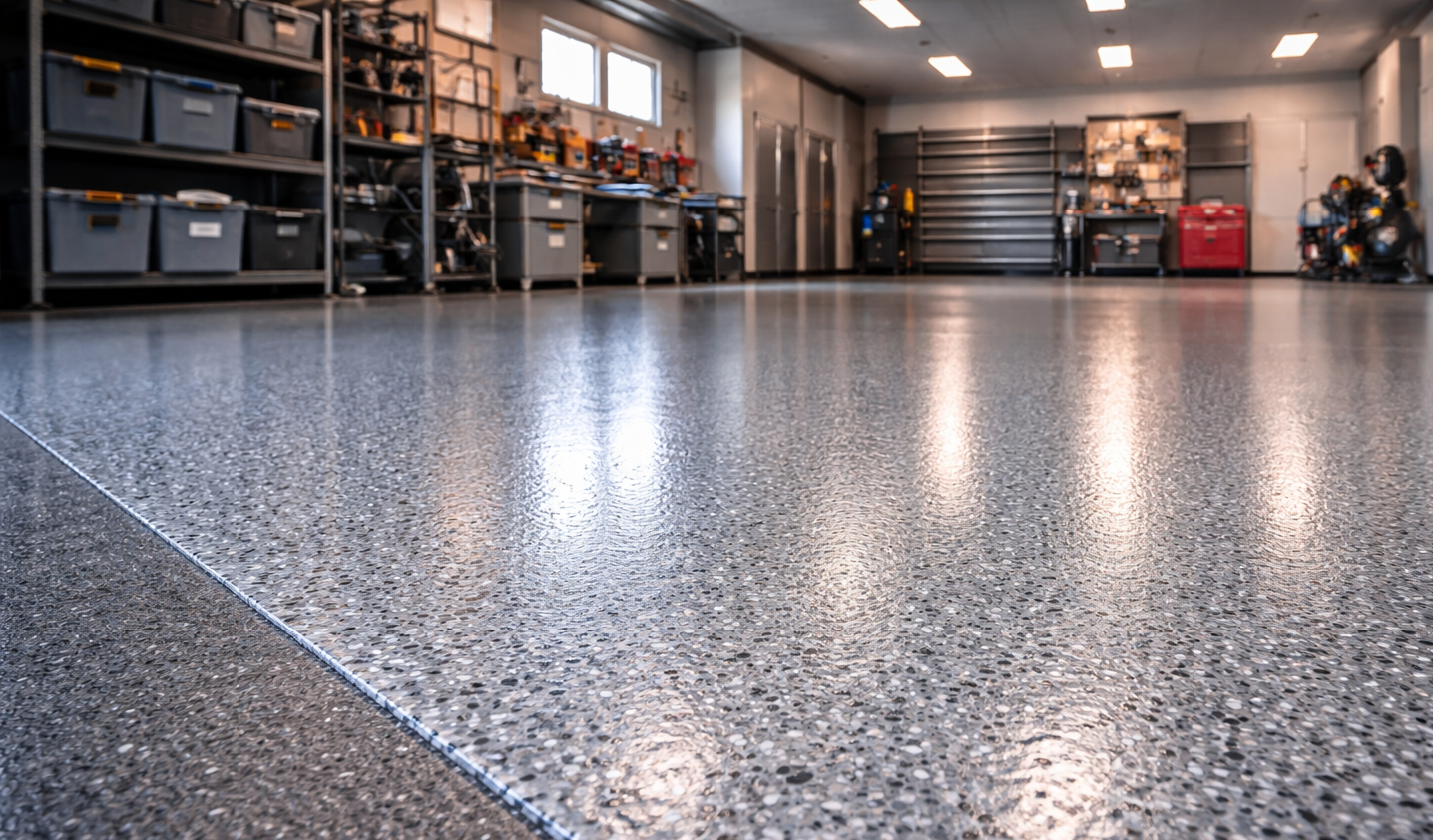 A spacious, organized garage featuring a glossy, grey speckled epoxy floor and metal shelving units.