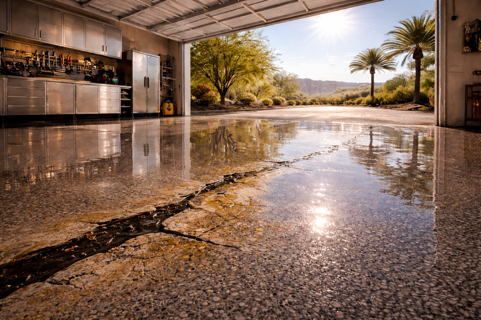 Cracked, wet garage floor with open door to sunny outdoors, palm trees, and tools.