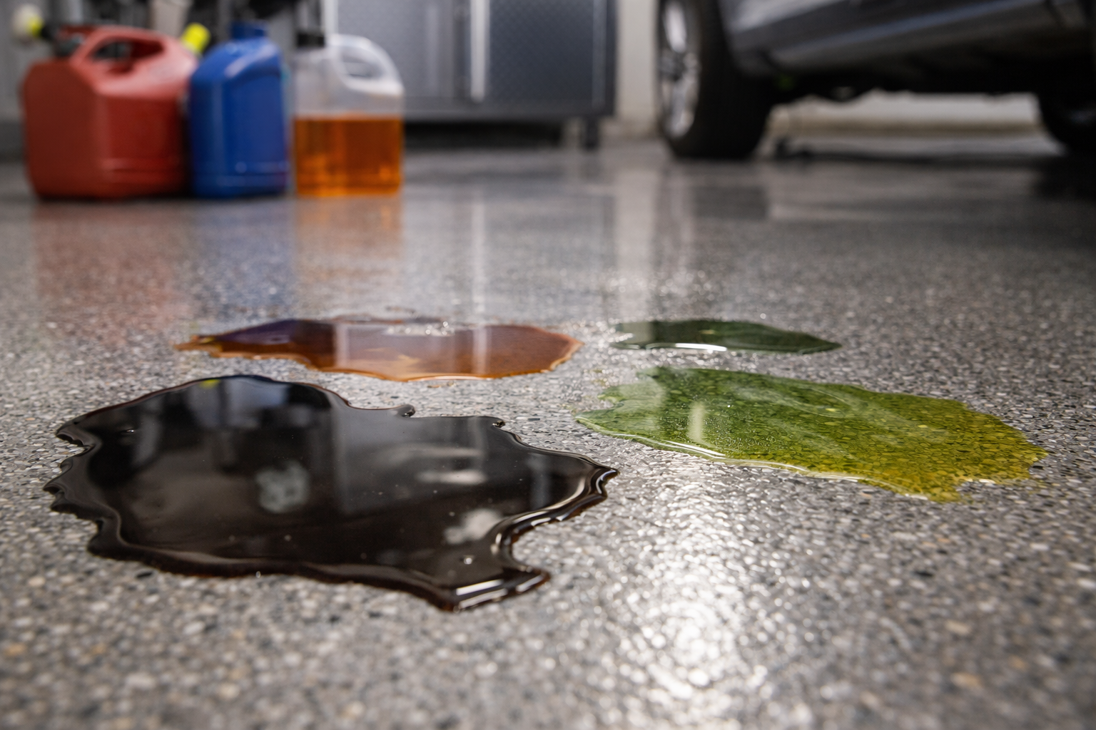 Spilled liquids of different colors on a garage floor; containers in the background.