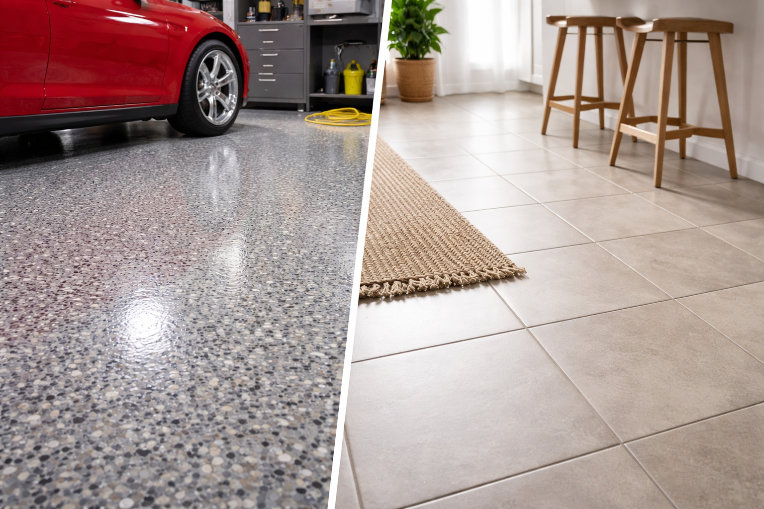 Garage floor with red car vs. tile floor with stools and rug, split screen view.