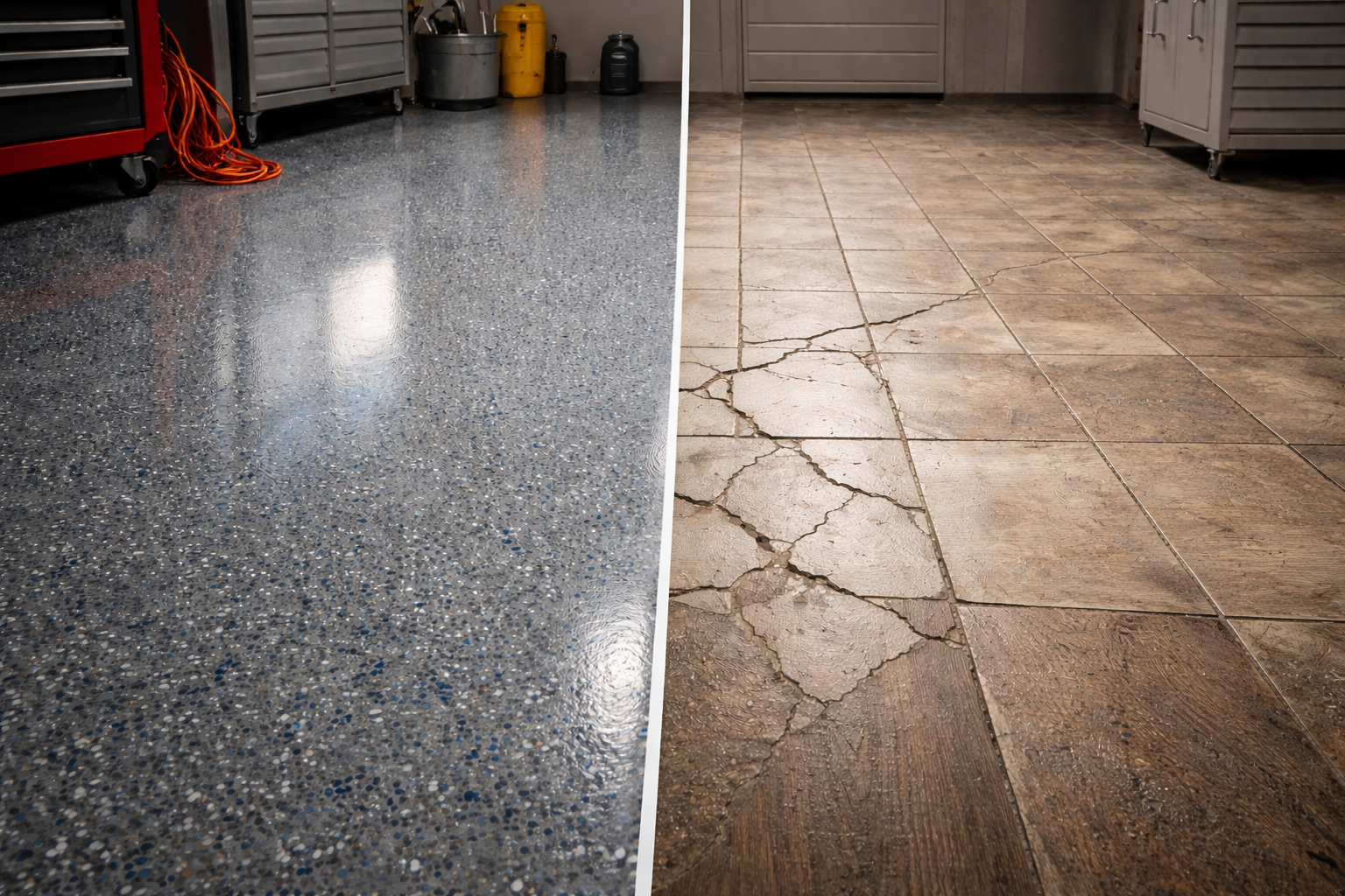Split screen showing a shiny, speckled grey garage floor finish compared to an old, cracked, and dull tiled floor.