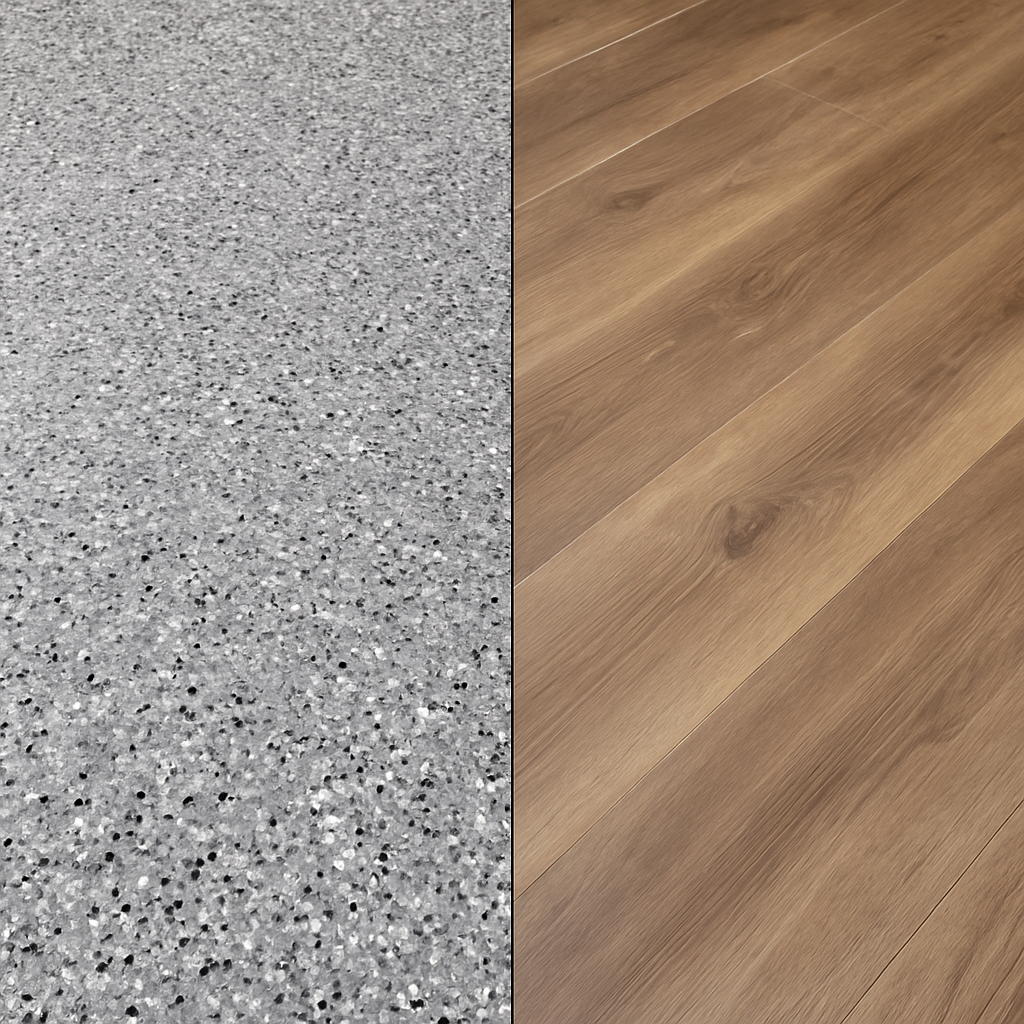 Two floor samples: speckled gray epoxy and wood-look brown laminate.