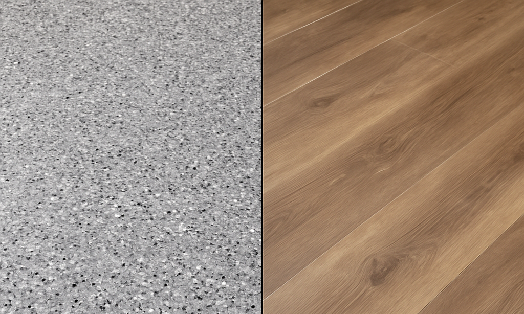Comparison of two flooring styles: speckled gray epoxy and wood-look plank in shades of brown.