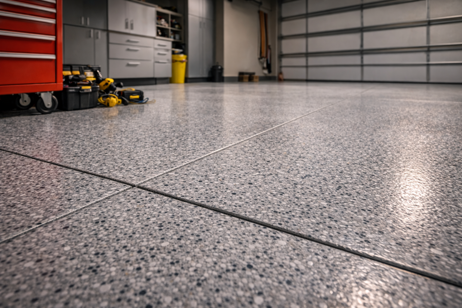 A close-up view of a polished, gray speckled epoxy garage floor with a red tool cabinet and storage in the background.