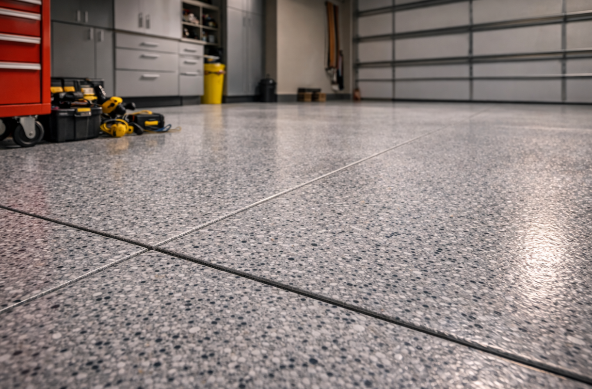 A gray, speckled epoxy floor in a garage with a red tool chest and storage cabinets in the background.