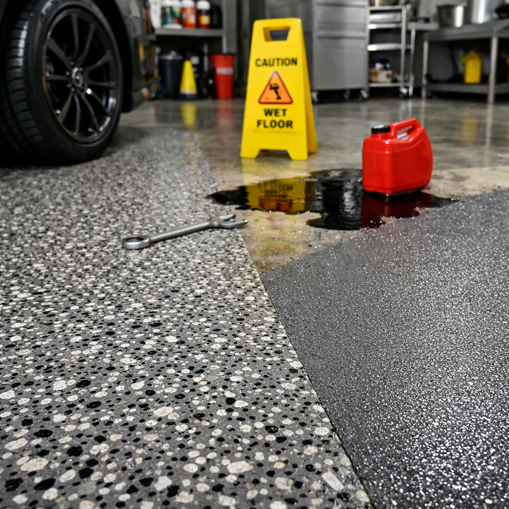 Garage floor with a spilled liquid, caution sign, and car tire.